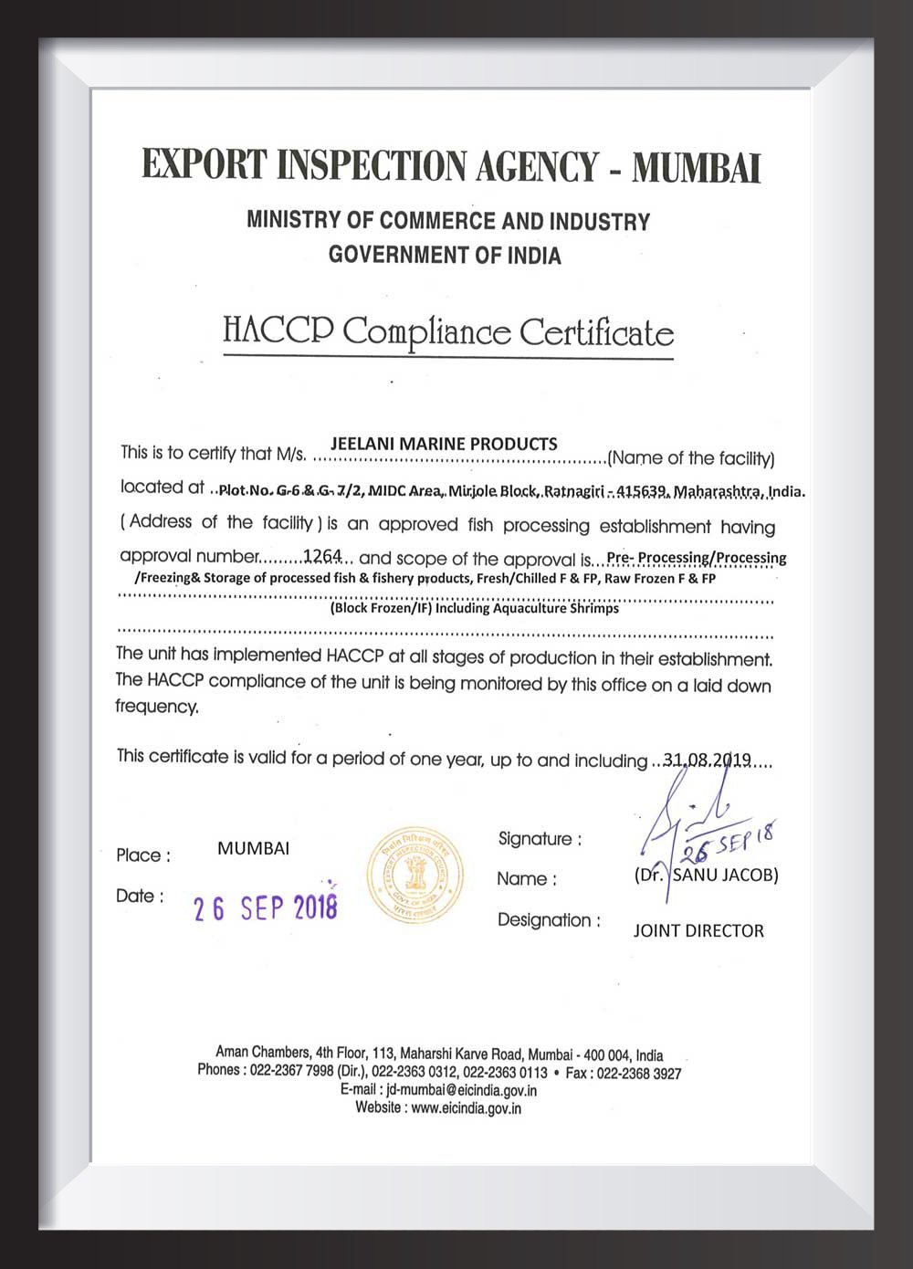 HACCP Compliance Certificate